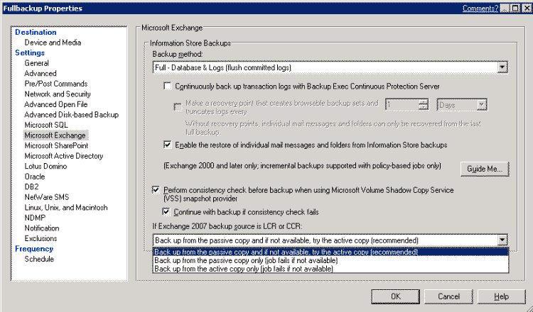 BackupExec 11d Exchange Optionen