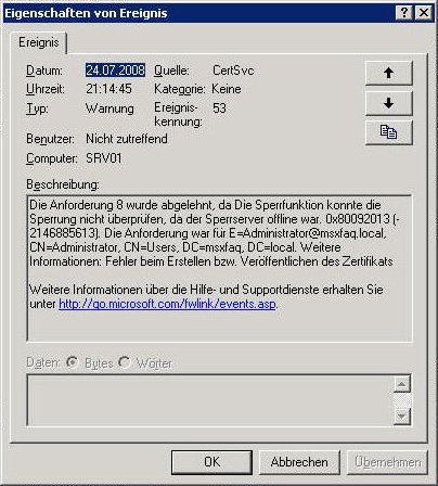 CA Fehler im Eventlog