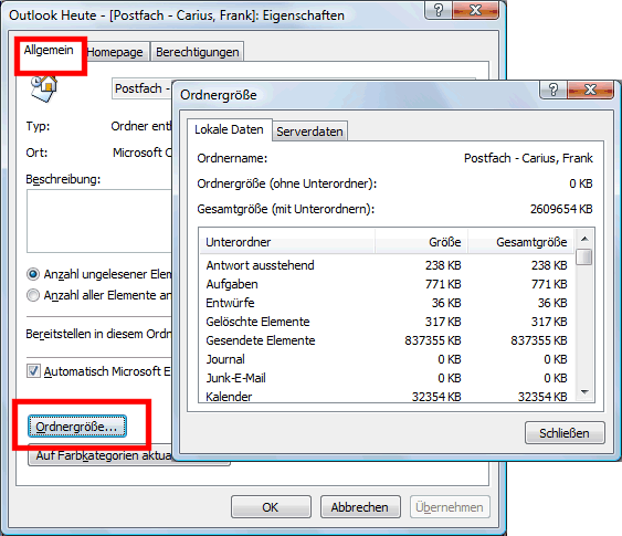 Outlook Ordnergröße