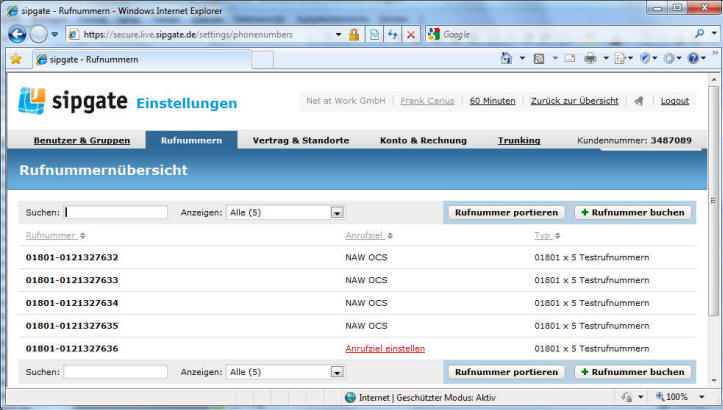 Sipgate Rufnummernzuweisung anzeigen